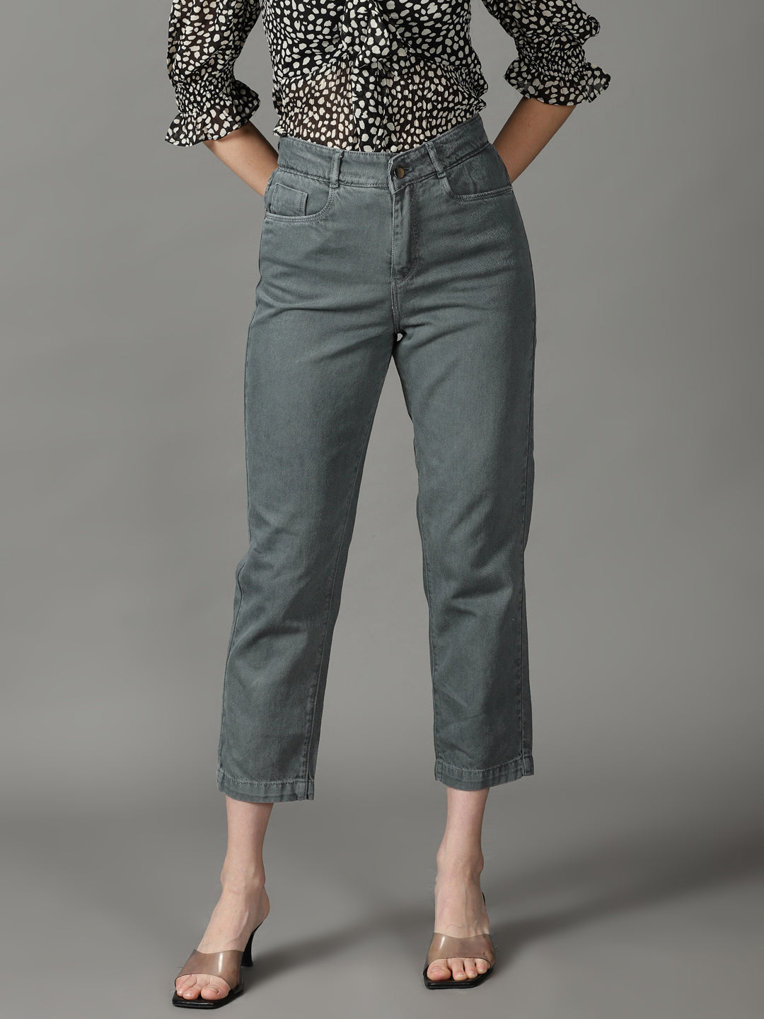 Women's Grey Solid Mom Fit Denim Jeans