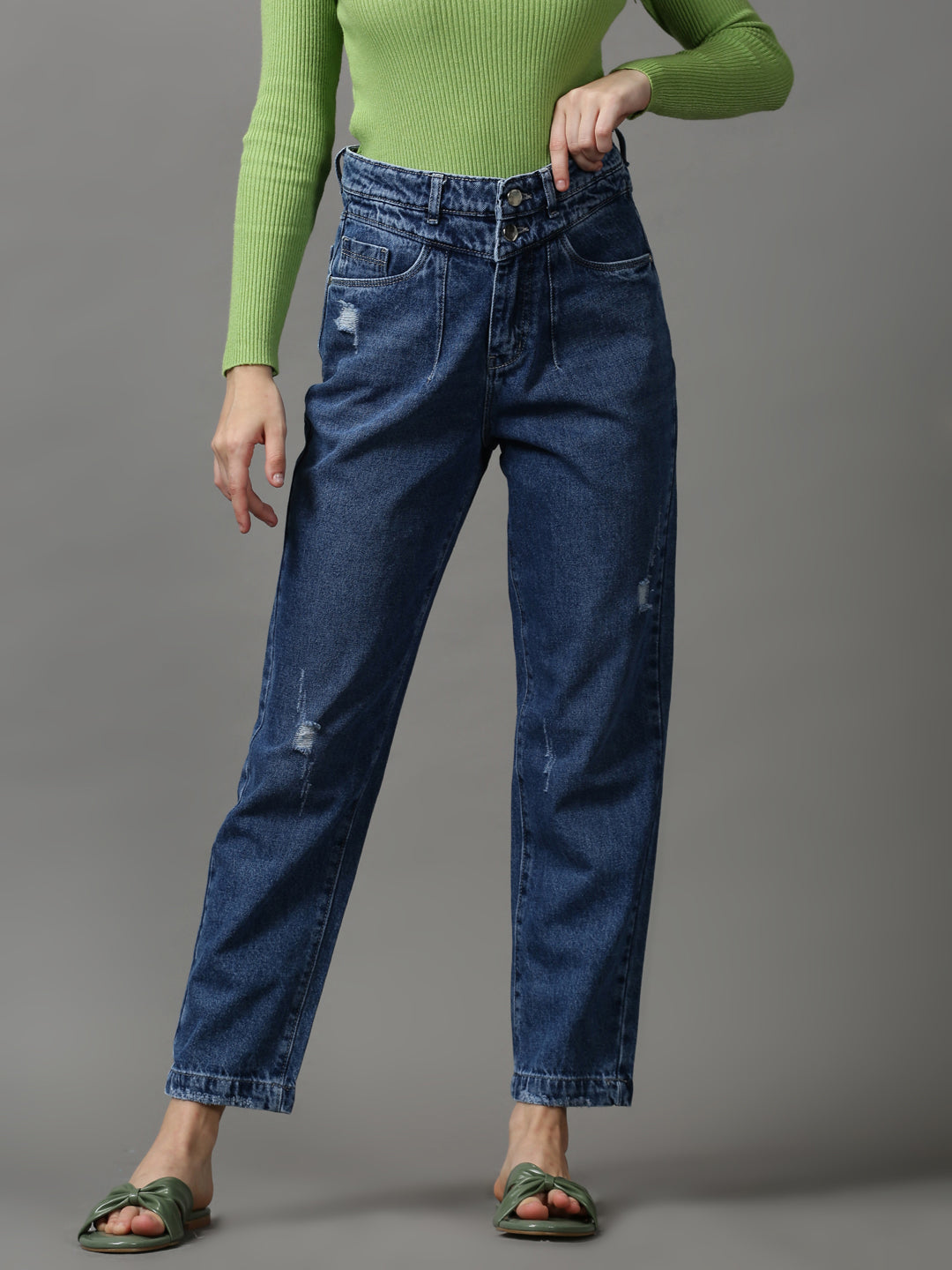 Women's Blue Solid Boyfriend Fit Denim Jeans