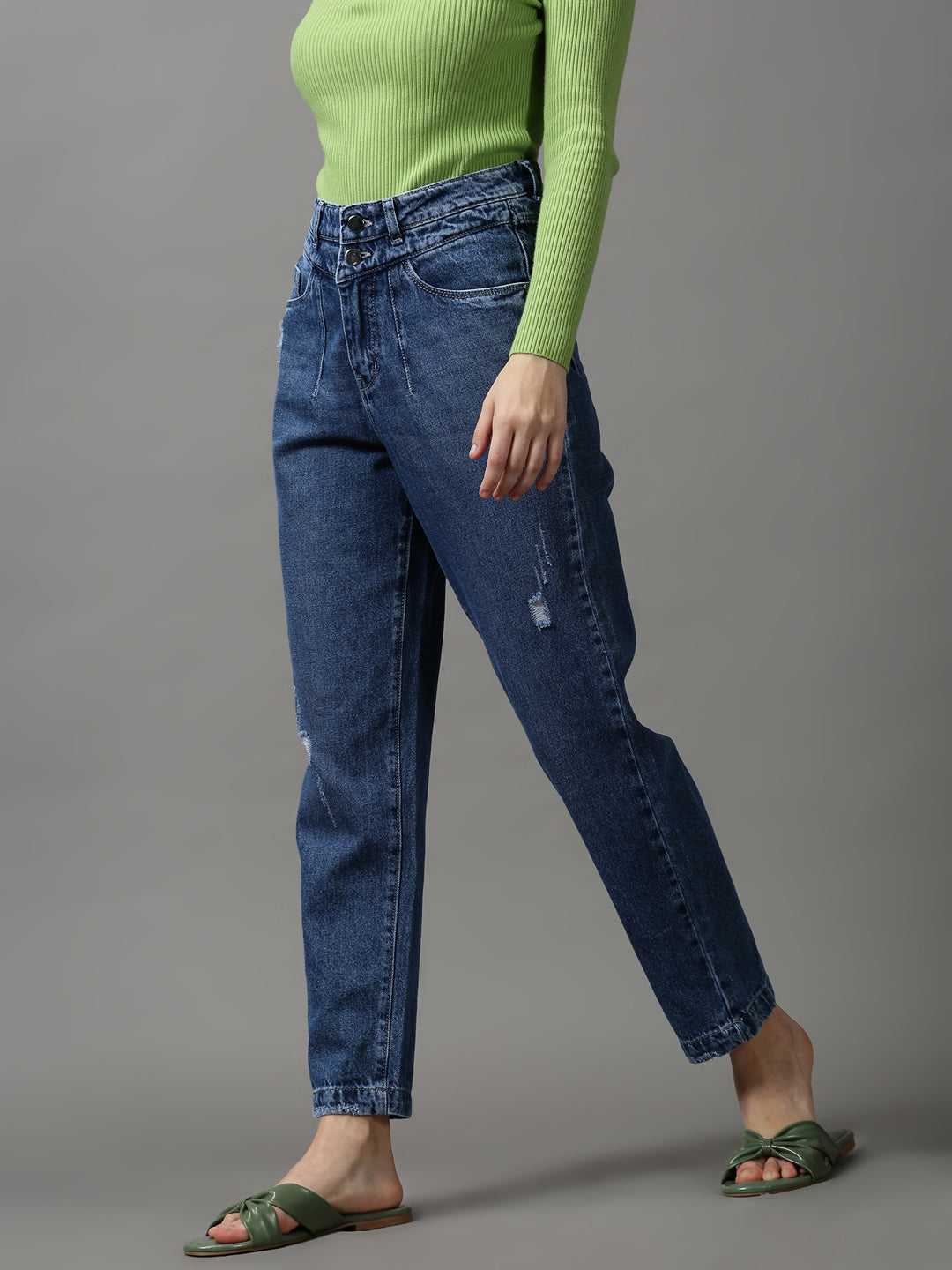 Women's Blue Solid Boyfriend Fit Denim Jeans