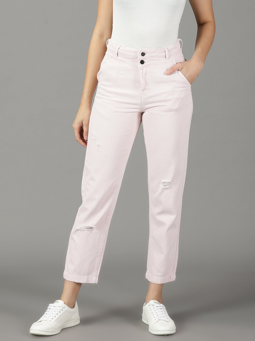 Women's Peach Solid Relaxed Fit Denim Jeans