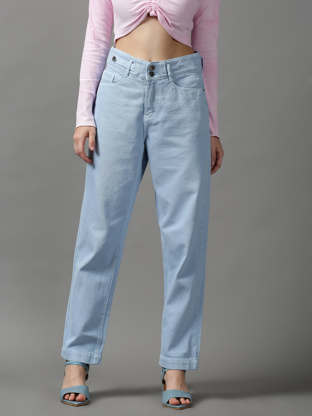 Women's Blue Solid Regular Fit Denim Jeans