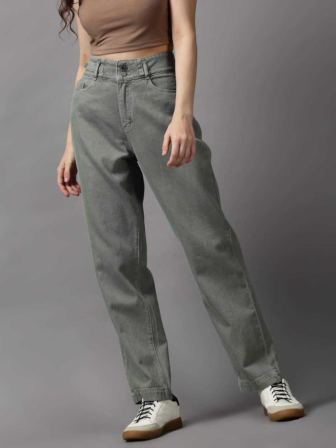 Women's Olive Solid Regular Fit Denim Jeans