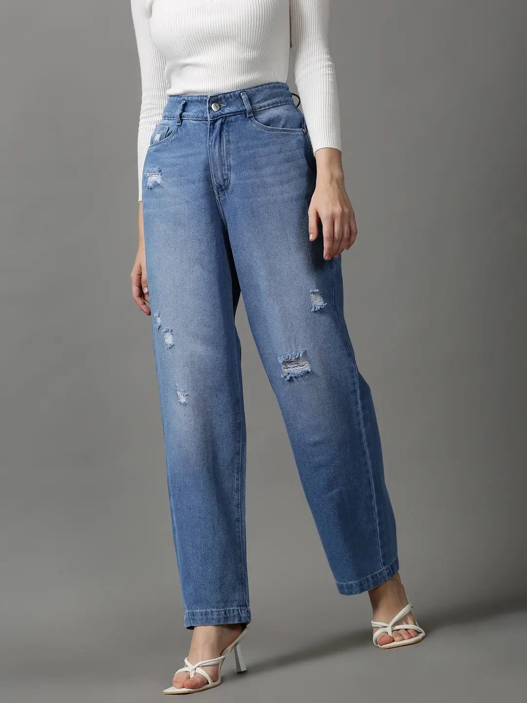 Women's Blue Solid Straight Fit Denim Jeans