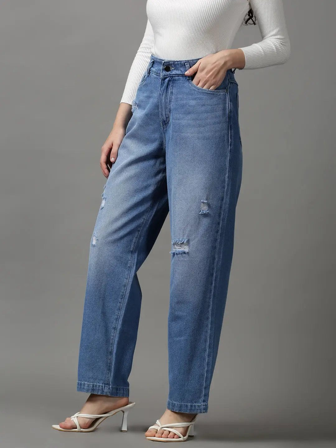 Women's Blue Solid Straight Fit Denim Jeans