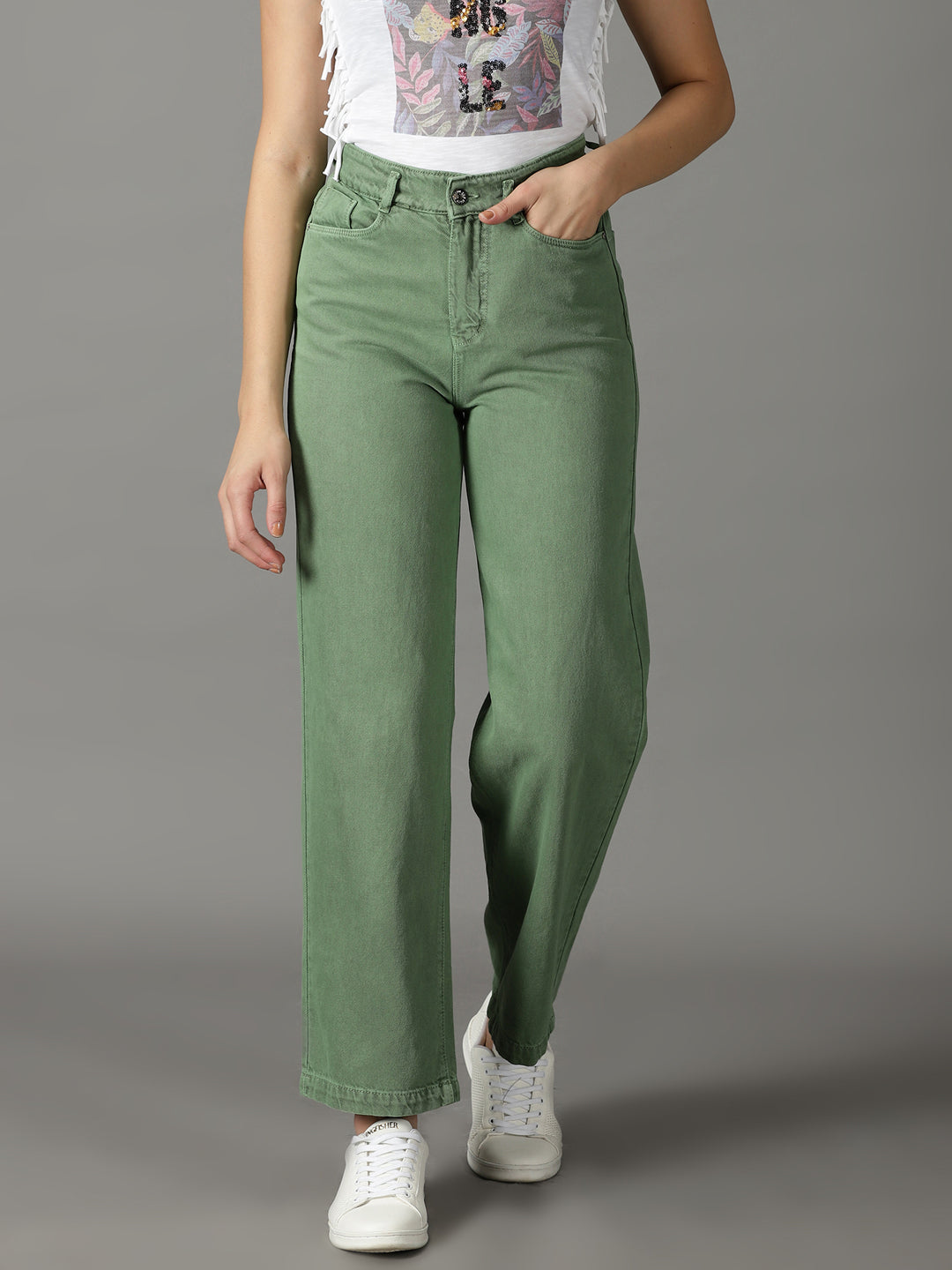 Women's Green Solid Straight Fit Denim Jeans