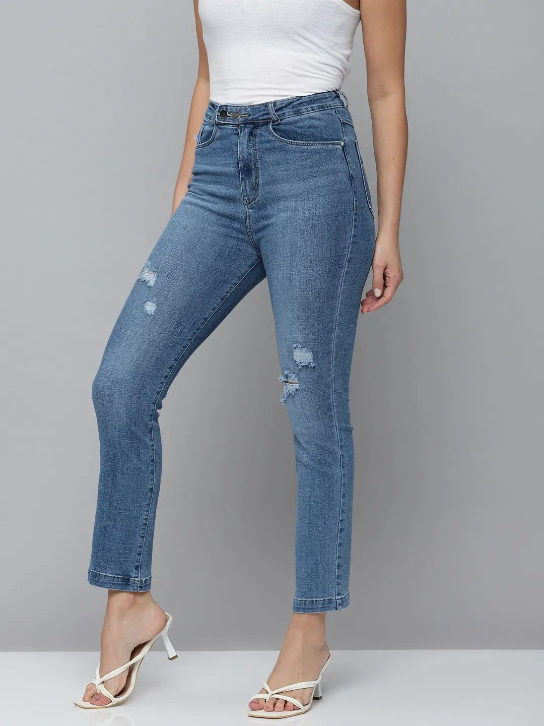 Women's Blue Jean Straight Fit High-Rise Mildly Distressed Light Fade Stretchable Jeans