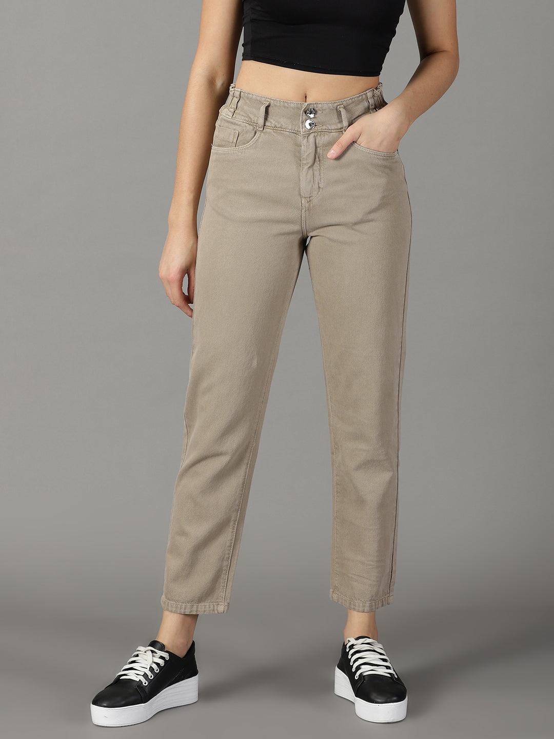 Women's Taupe Solid Relaxed Fit Denim Jeans