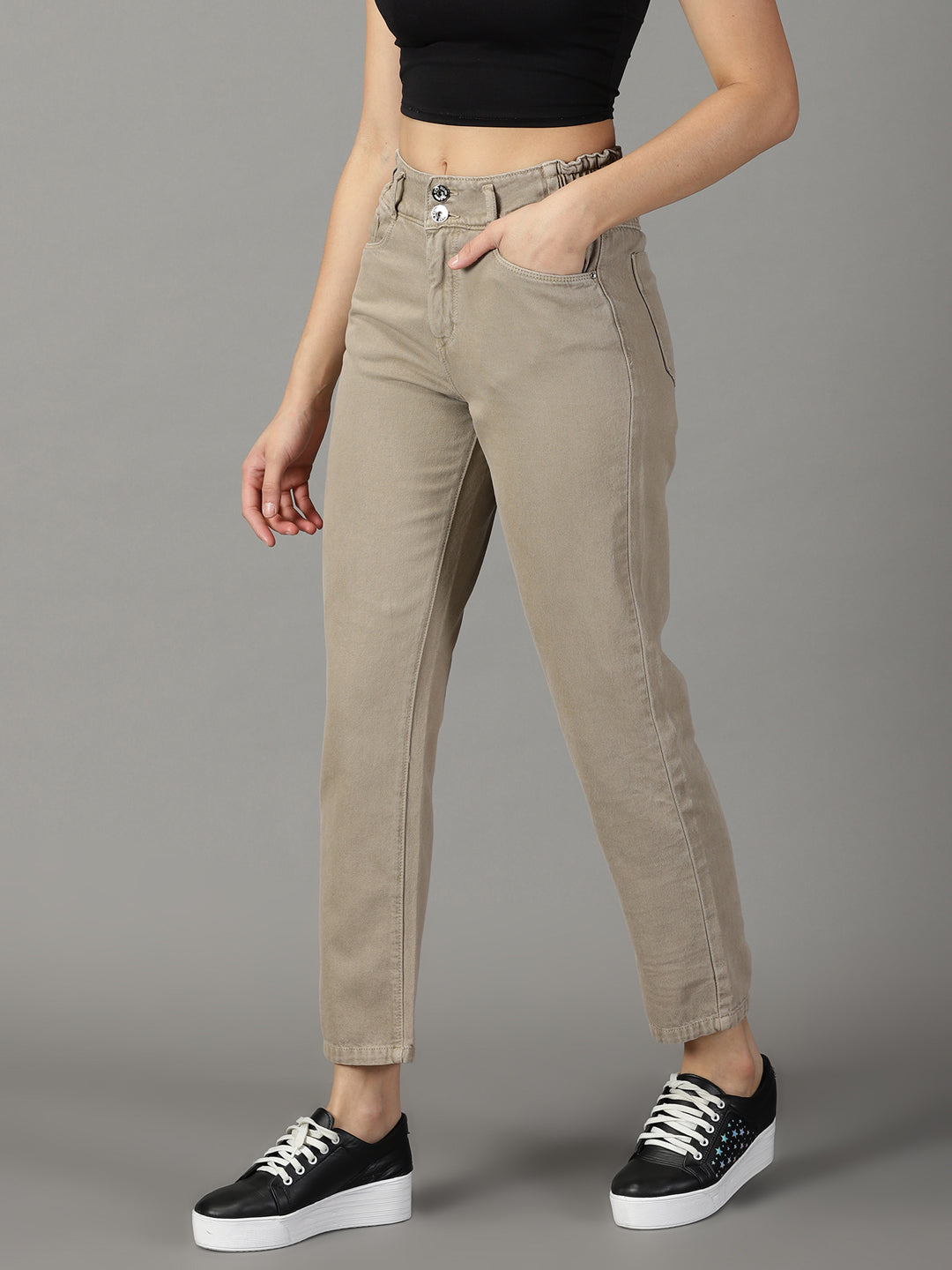 Women's Taupe Solid Relaxed Fit Denim Jeans