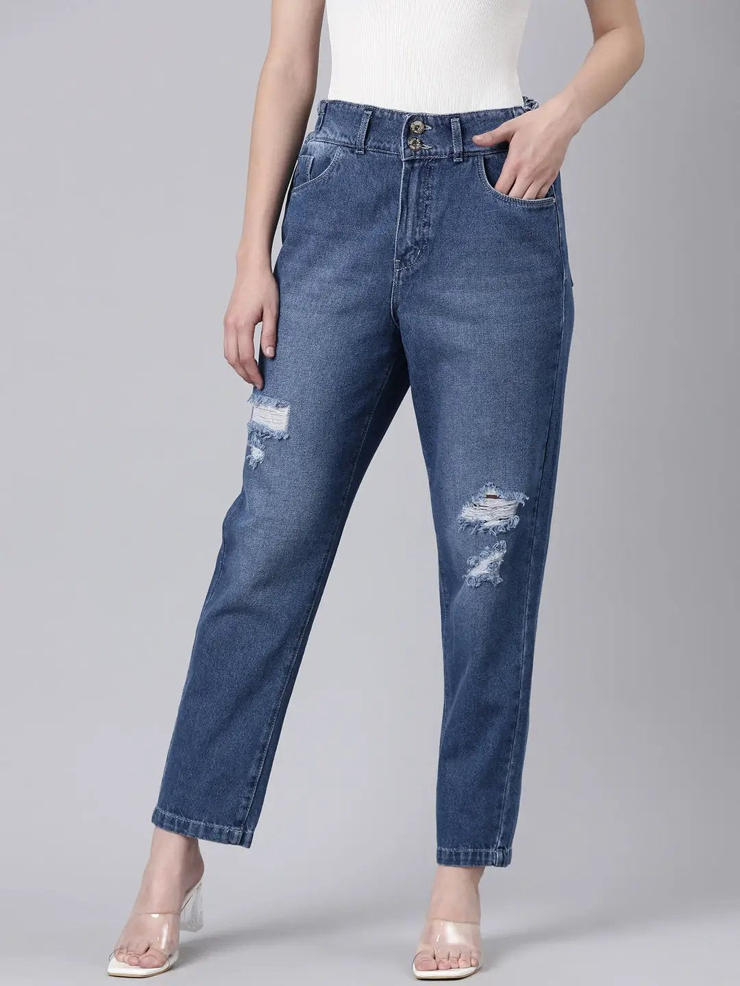 Women's Violet Straight Fit Acid Wash Stretchable Clean Look Denim Jeans