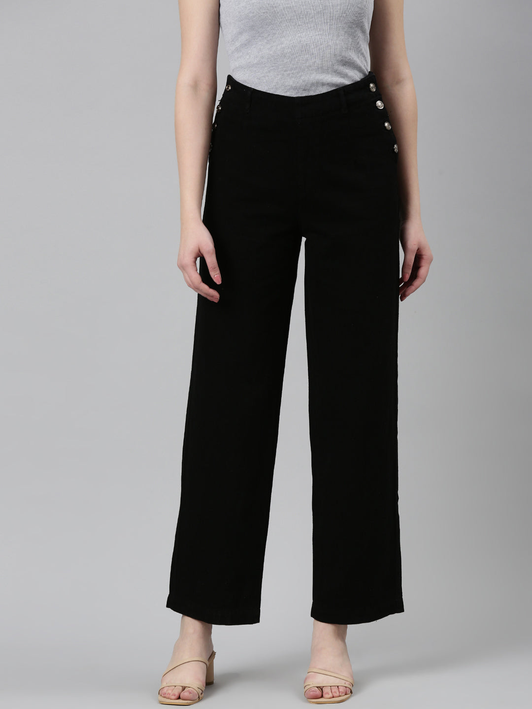 Women Black Solid Wide Leg Denim Jeans