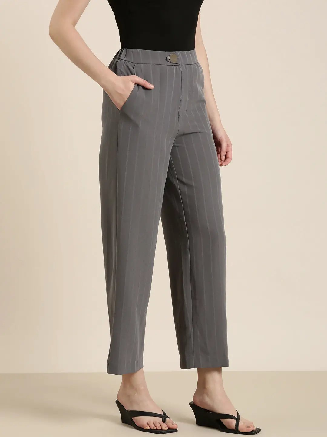 Women's Grey Solid Formal Trouser