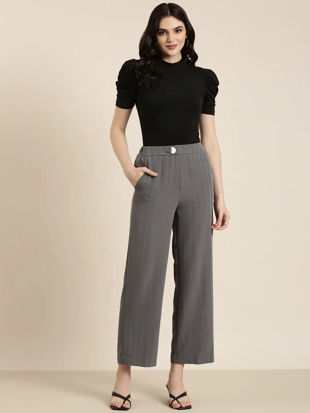 Women's Grey Solid Formal Trouser