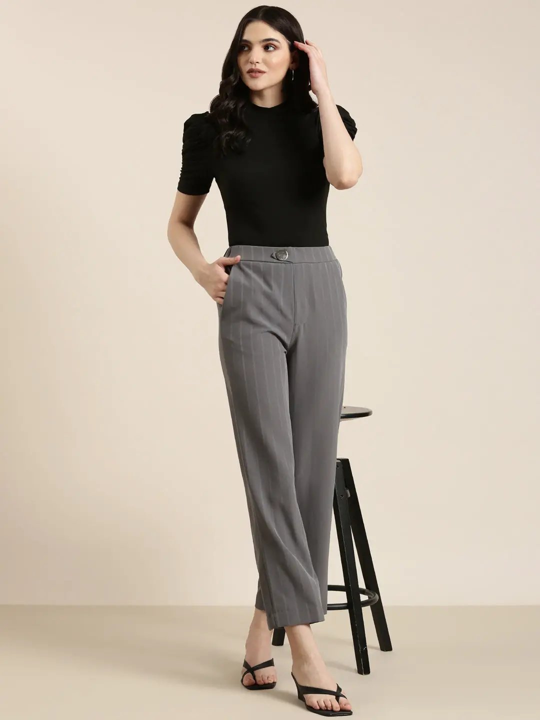 Women's Grey Solid Formal Trouser