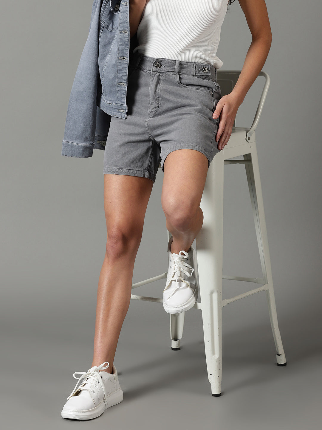 Women's Grey Solid Denim Shorts