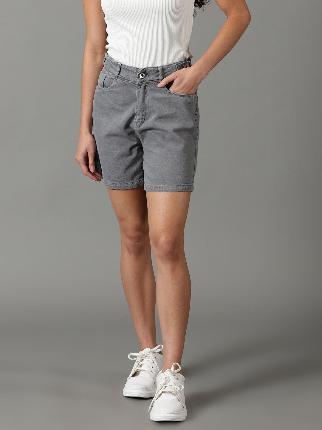 Women's Grey Solid Denim Shorts