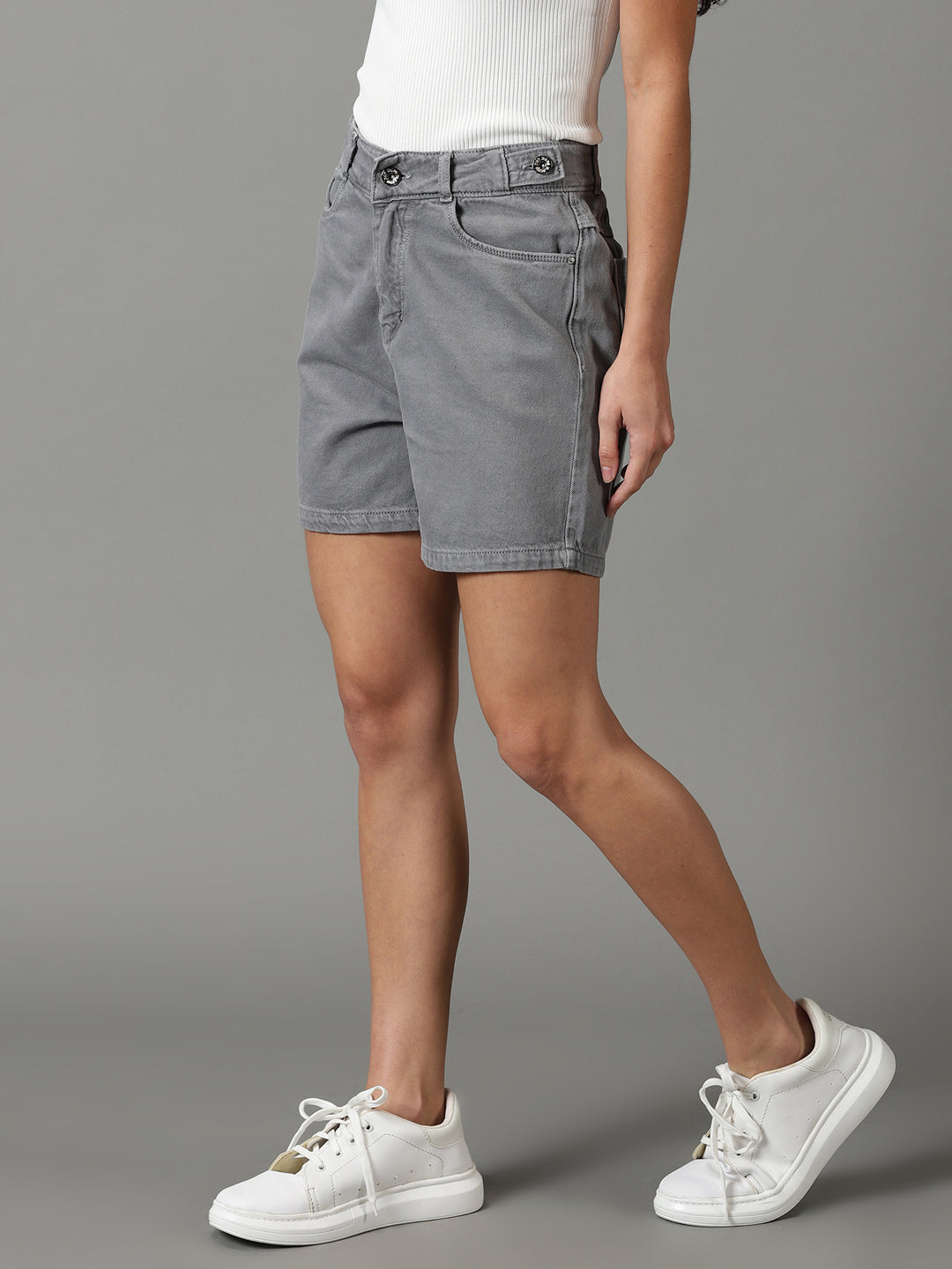 Women's Grey Solid Denim Shorts