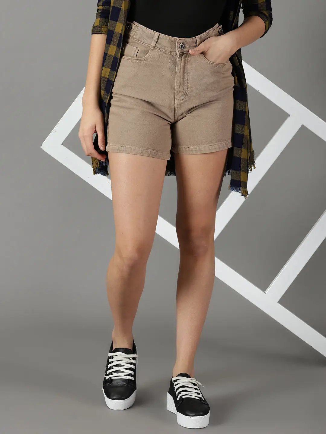 Women's Khaki Solid Denim Shorts