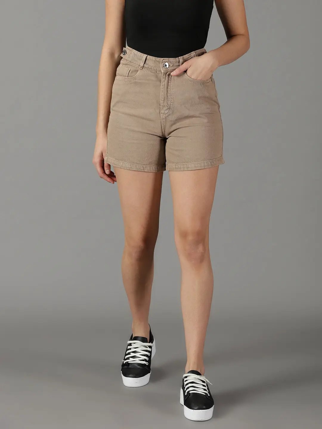 Women's Khaki Solid Denim Shorts