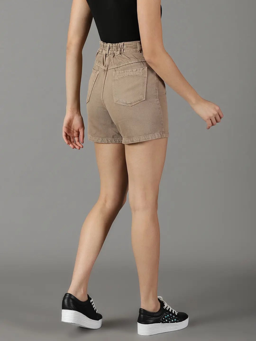 Women's Khaki Solid Denim Shorts