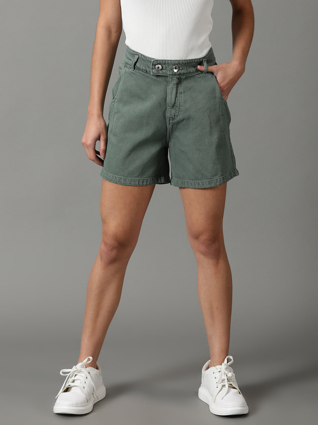 Women's Green Solid Denim Shorts