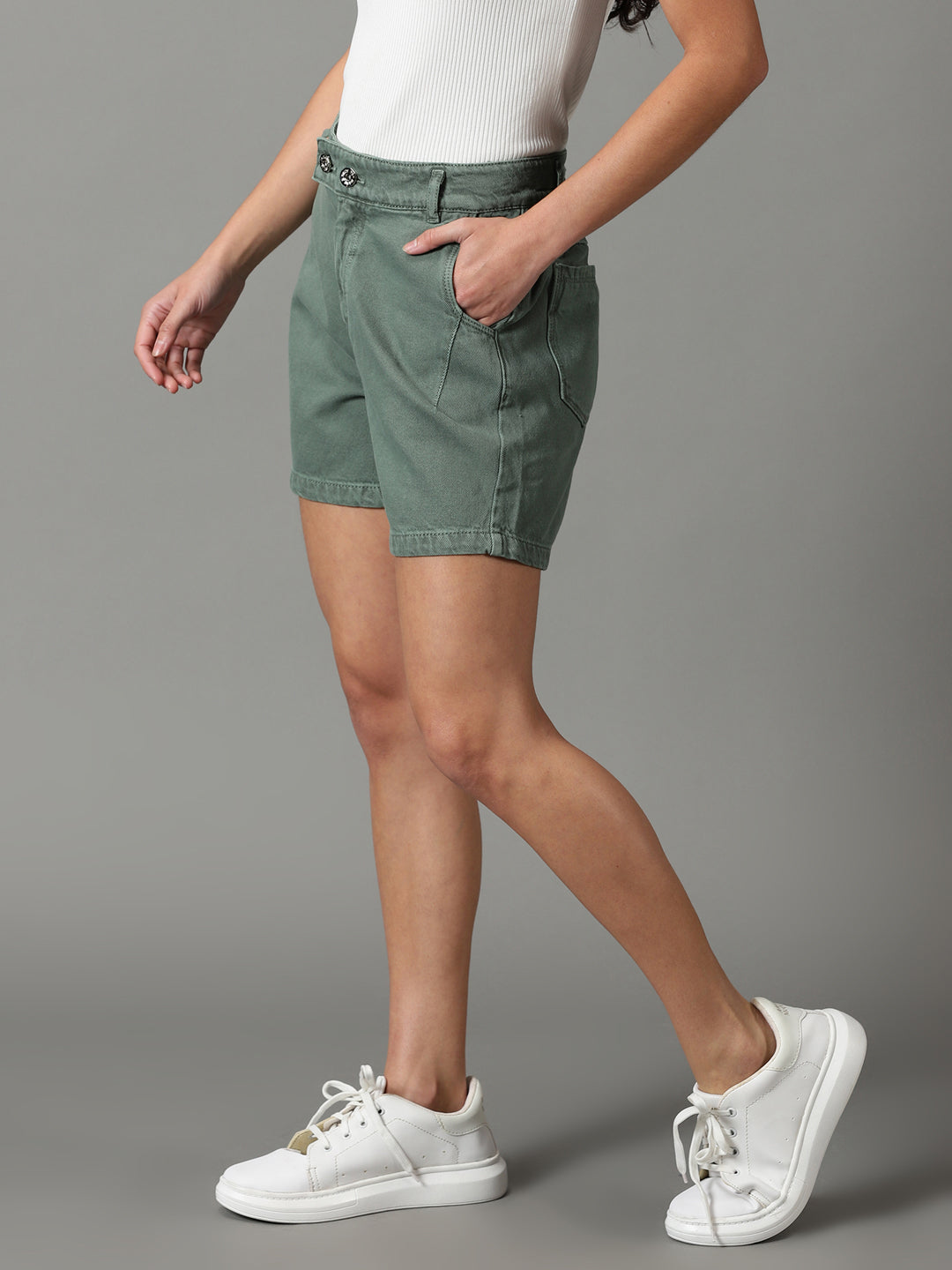 Women's Green Solid Denim Shorts