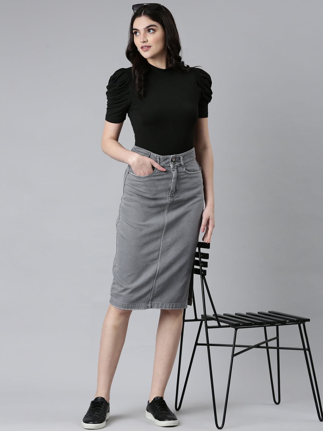 Women's Grey Solid A-Line Skirt