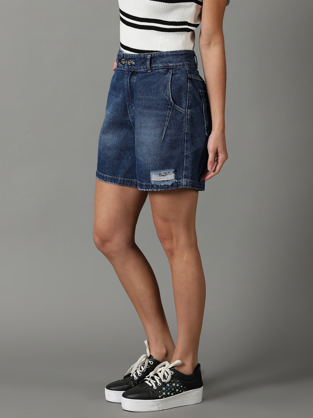 Women's Blue Solid Denim Shorts