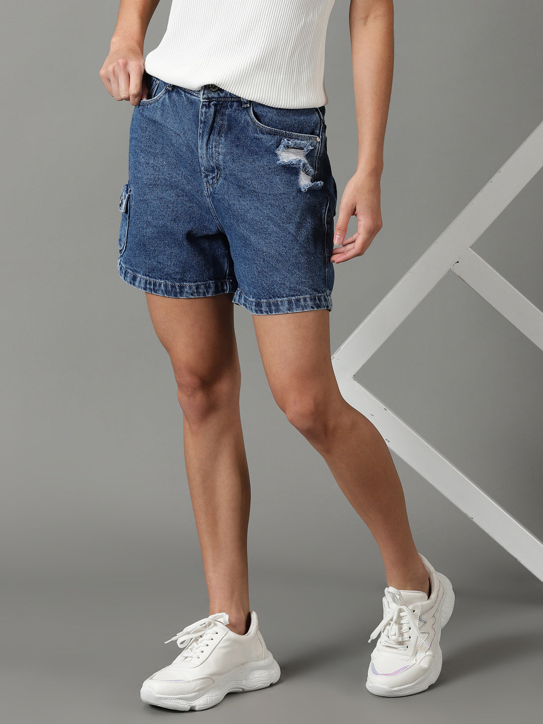 Women's Blue Solid Denim Shorts