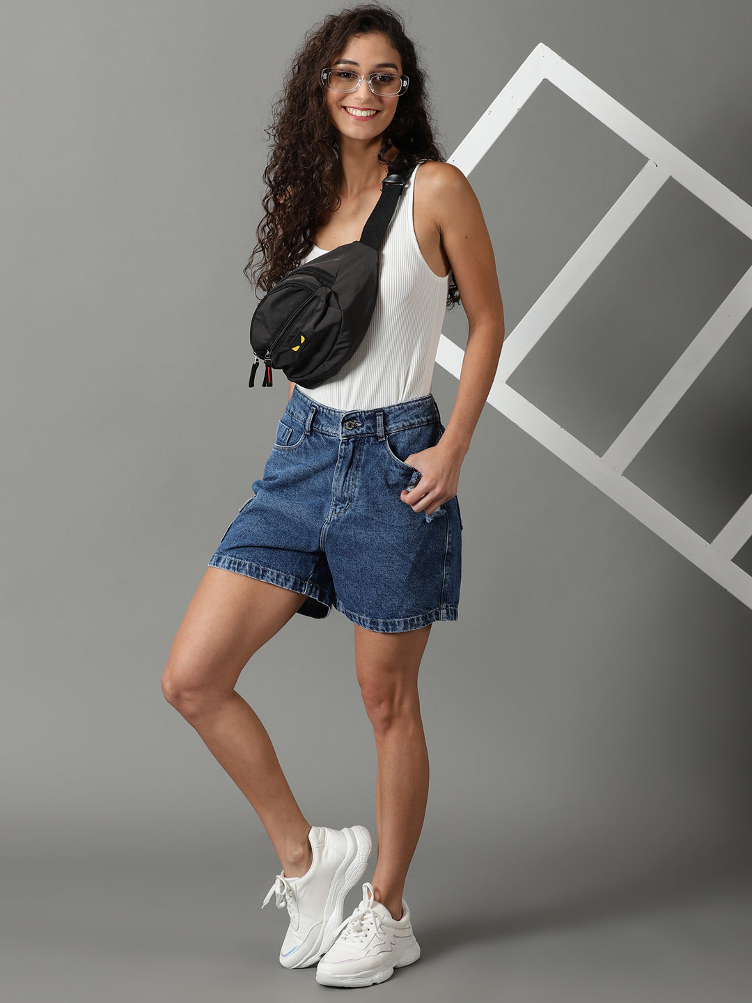 Women's Blue Solid Denim Shorts