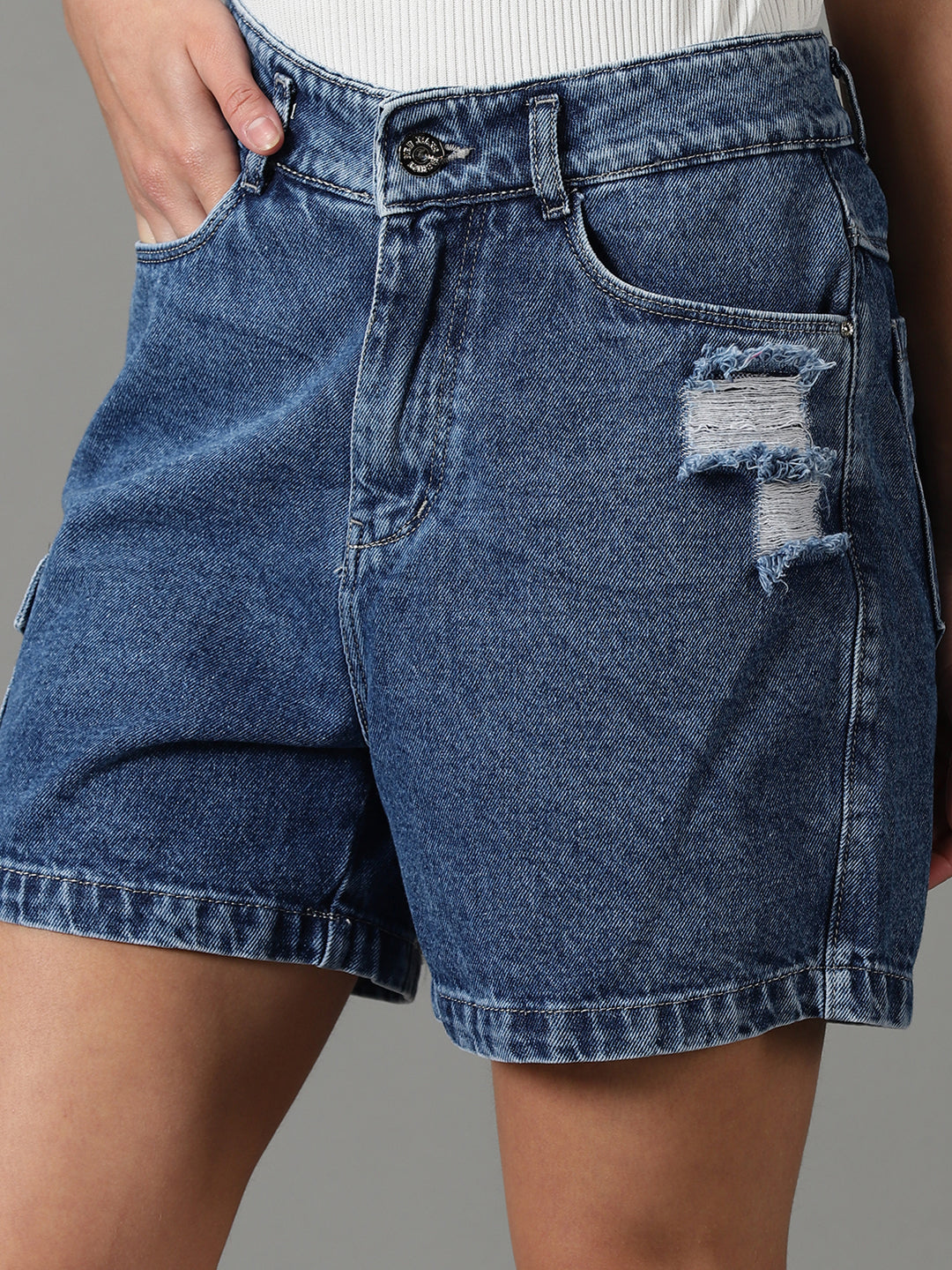 Women's Blue Solid Denim Shorts