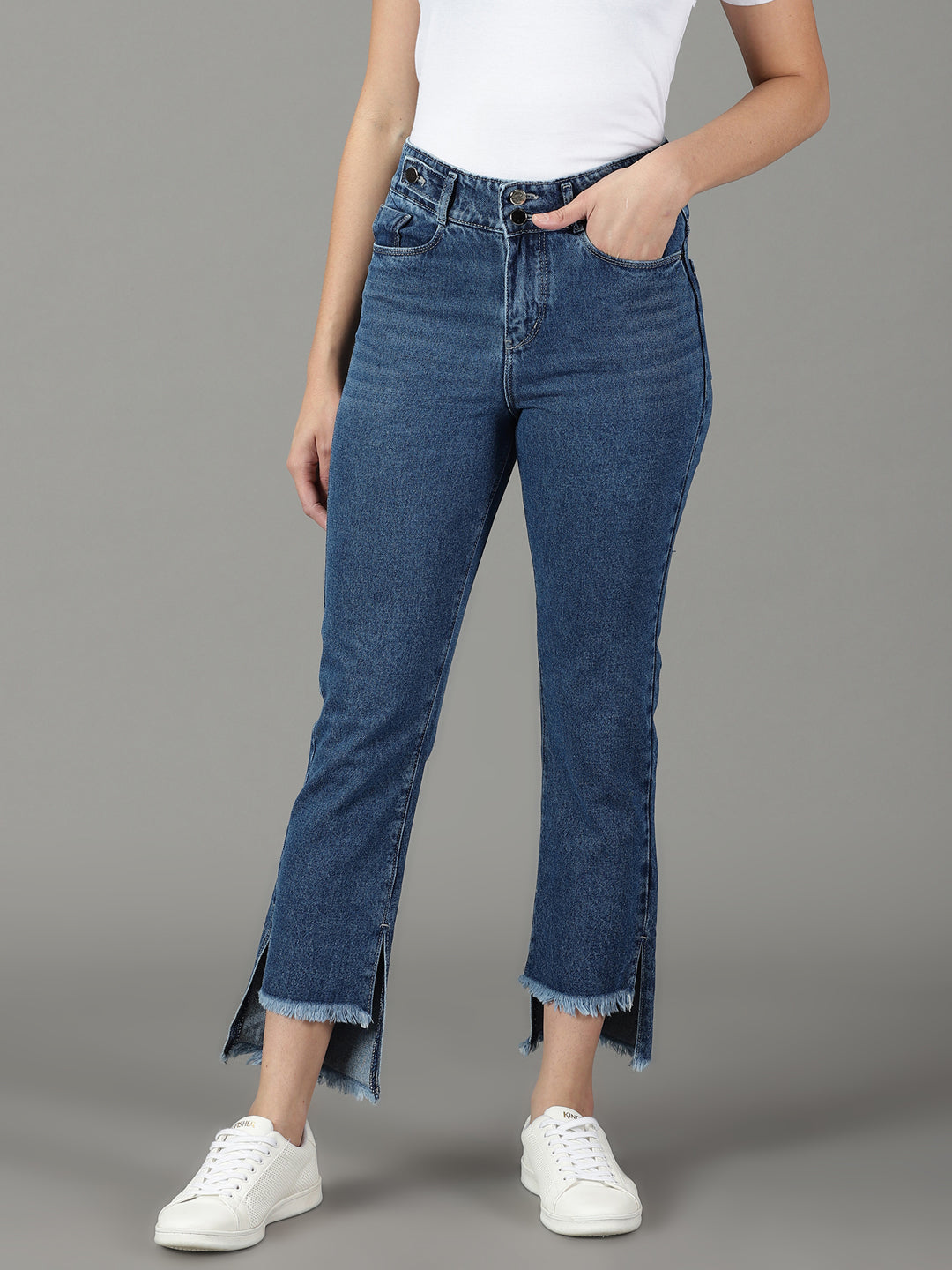 Women's Navy Blue Solid Relaxed Fit Denim Jeans