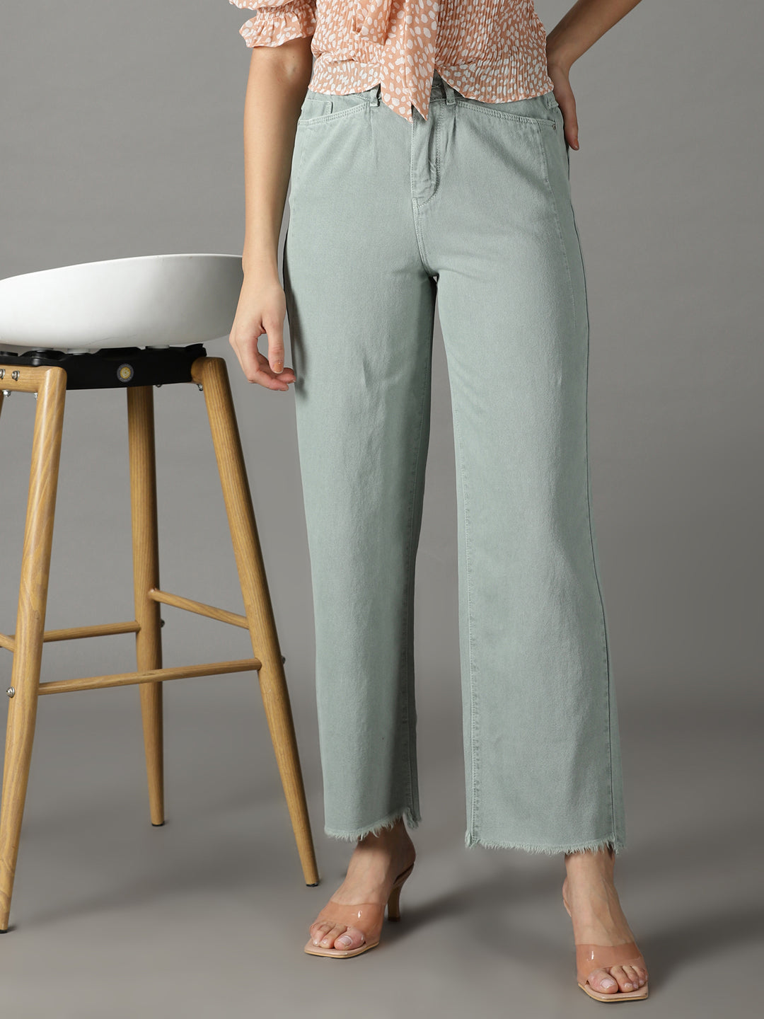 Women's Green Solid Wide Leg Denim Jeans