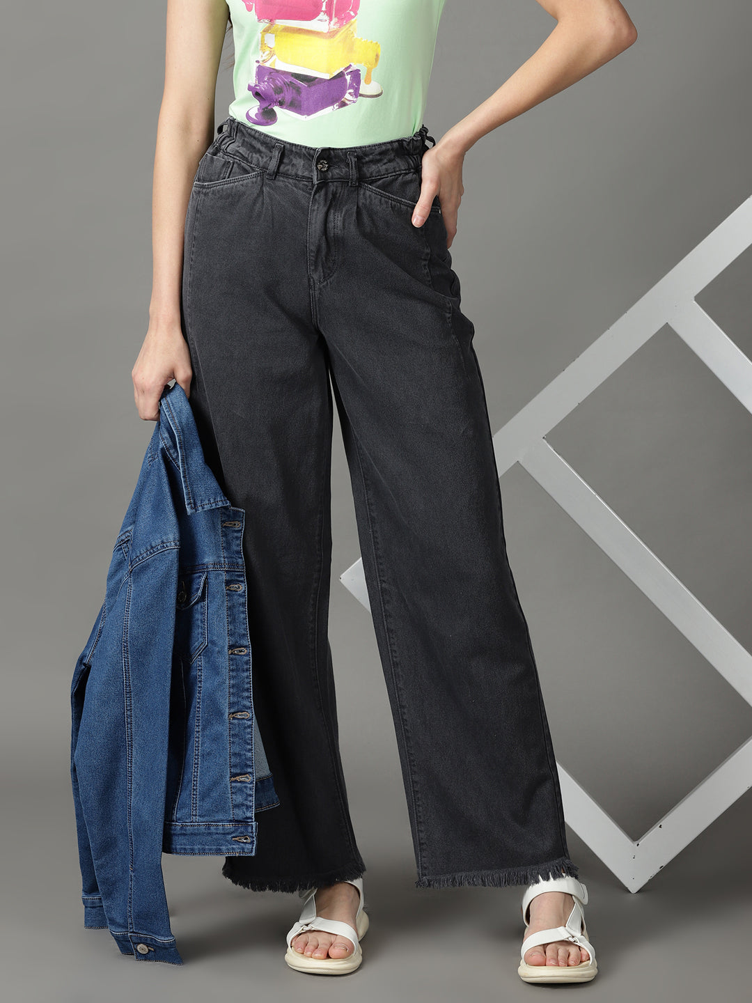 Women's Grey Solid Wide Leg Denim Jeans