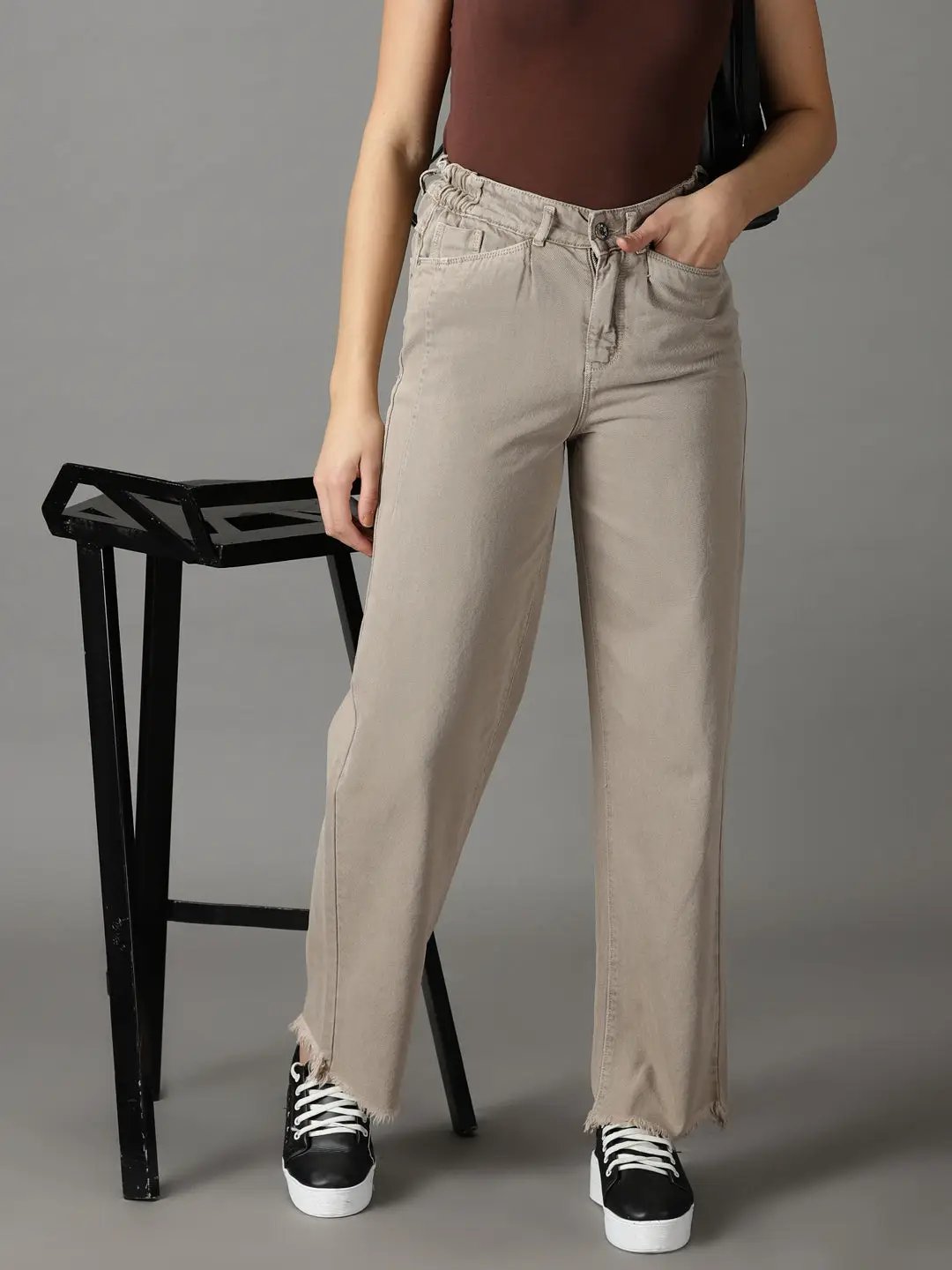 Women's Taupe Solid Wide Leg Denim Jeans