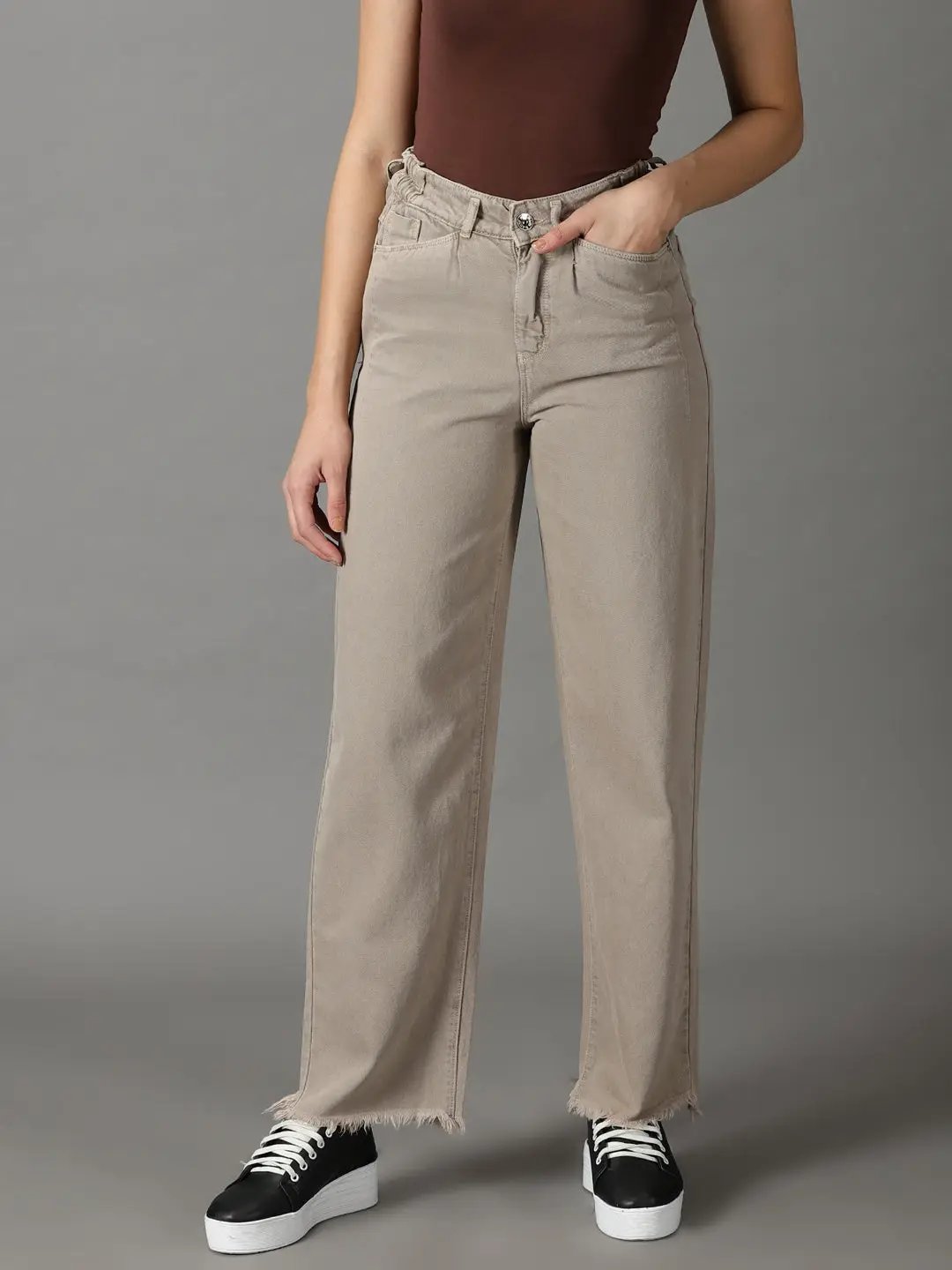 Women's Taupe Solid Wide Leg Denim Jeans