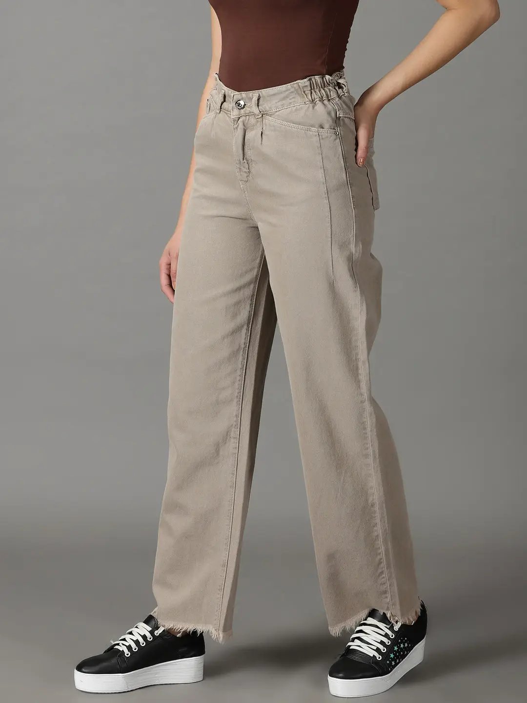 Women's Taupe Solid Wide Leg Denim Jeans