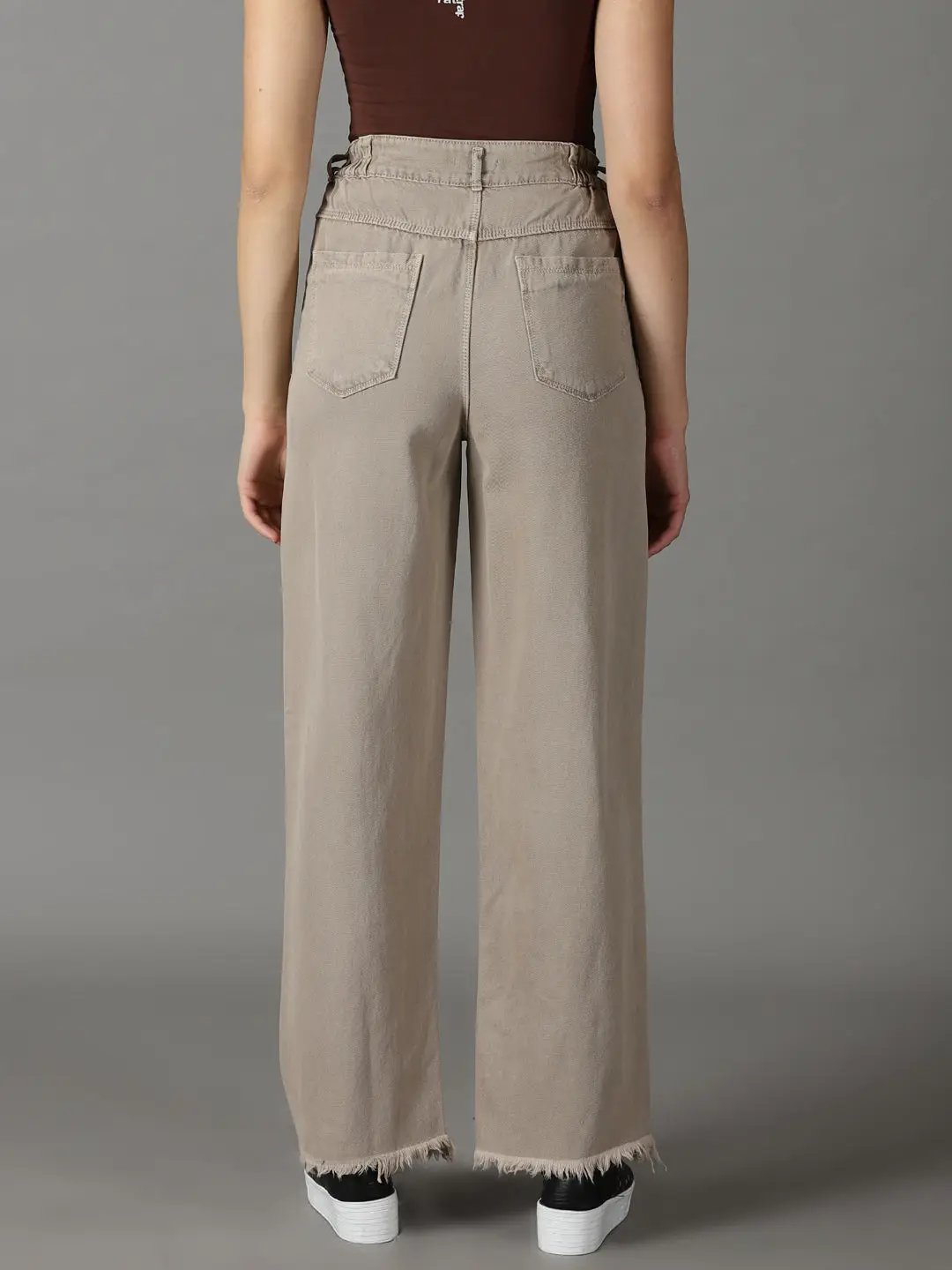Women's Taupe Solid Wide Leg Denim Jeans