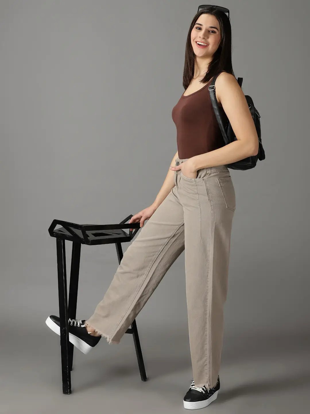 Women's Taupe Solid Wide Leg Denim Jeans