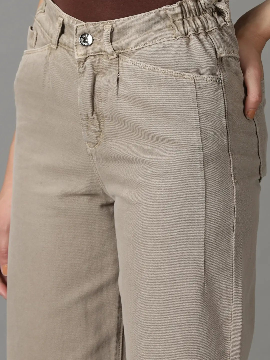 Women's Taupe Solid Wide Leg Denim Jeans