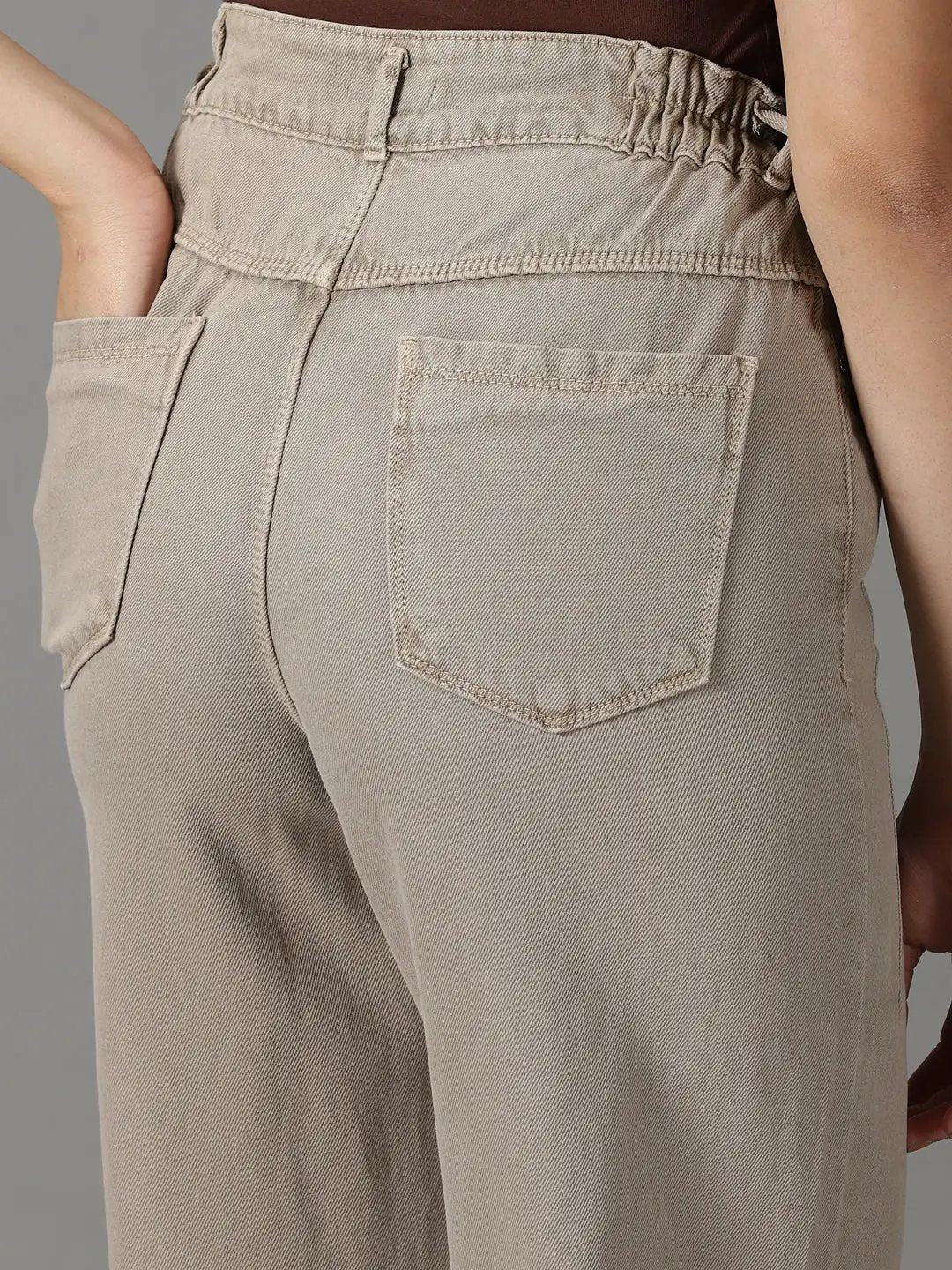 Women's Taupe Solid Wide Leg Denim Jeans