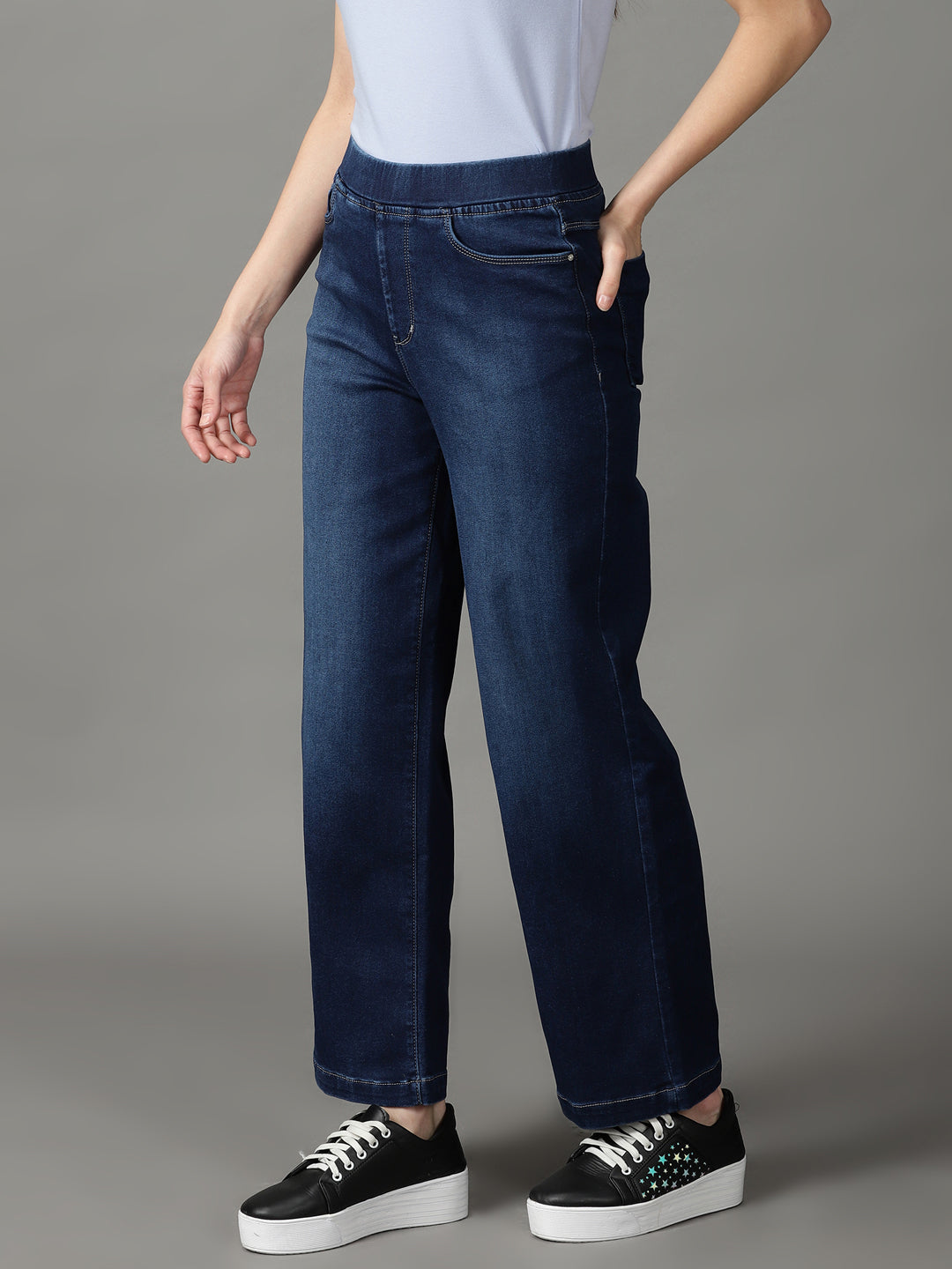 Women's Navy Blue Straight Fit High-Rise Light Fade Stretchable Cotton Jeans