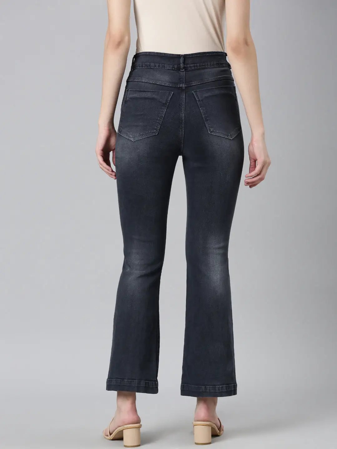Women's Grey Solid Flared Denim Jeans