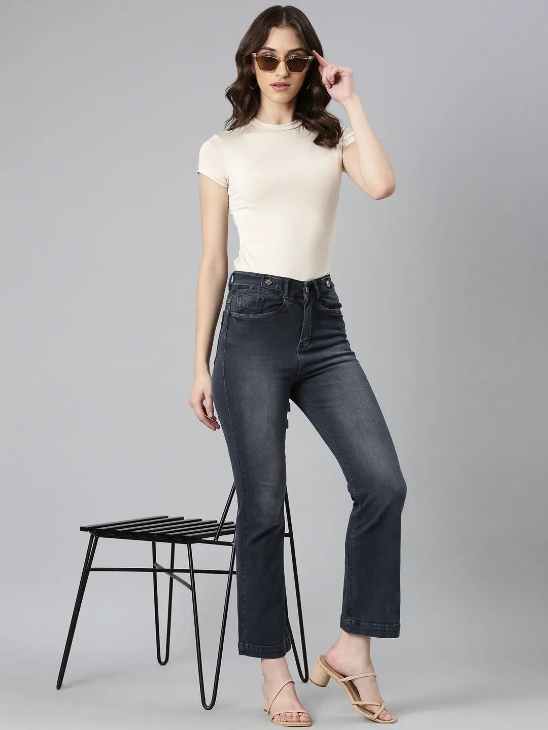 Women's Grey Solid Flared Denim Jeans