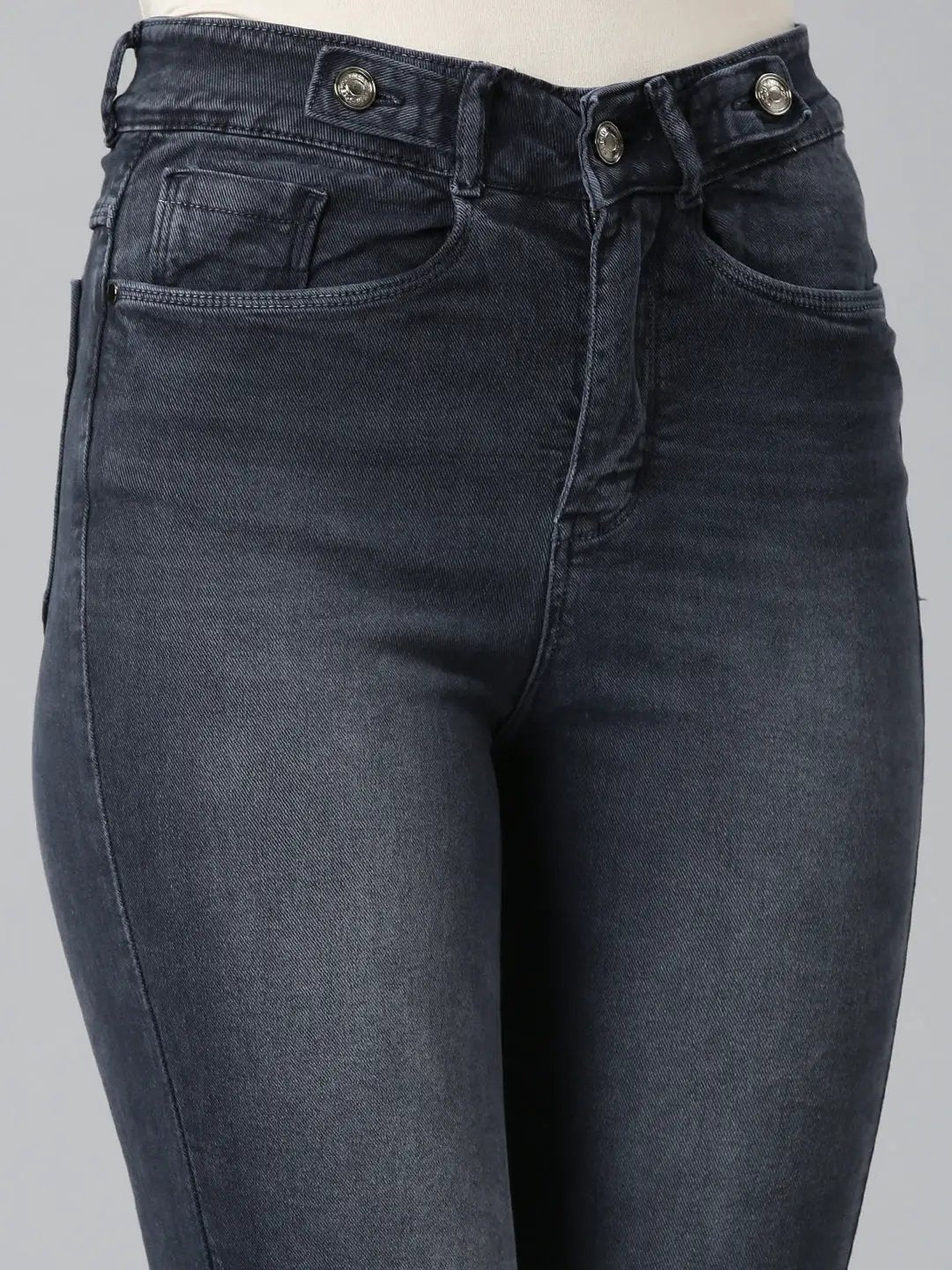 Women's Grey Solid Flared Denim Jeans