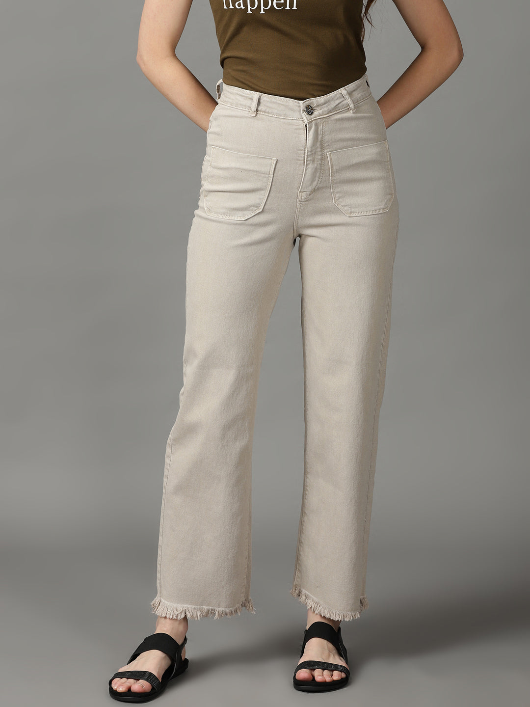 Women's Beige Solid Wide Leg Denim Jeans