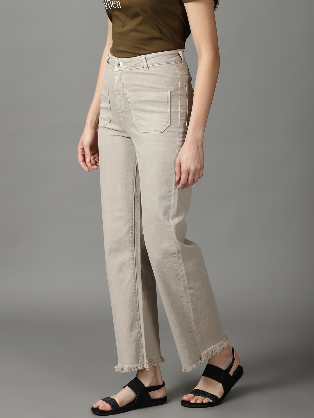 Women's Beige Solid Wide Leg Denim Jeans