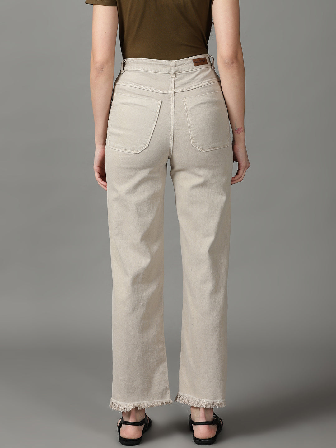 Women's Beige Solid Wide Leg Denim Jeans