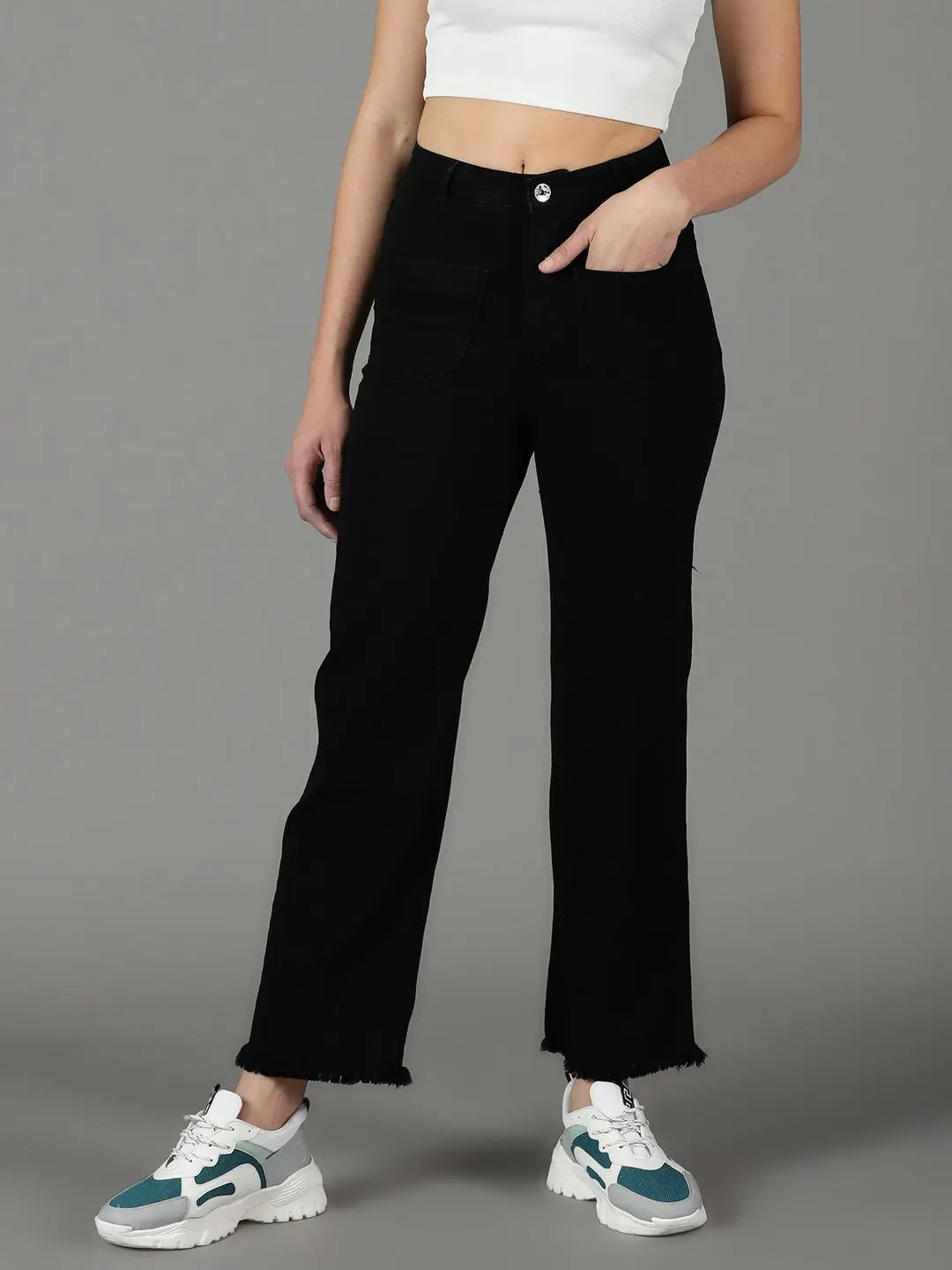 Women's Black Solid Wide Leg Denim Jeans