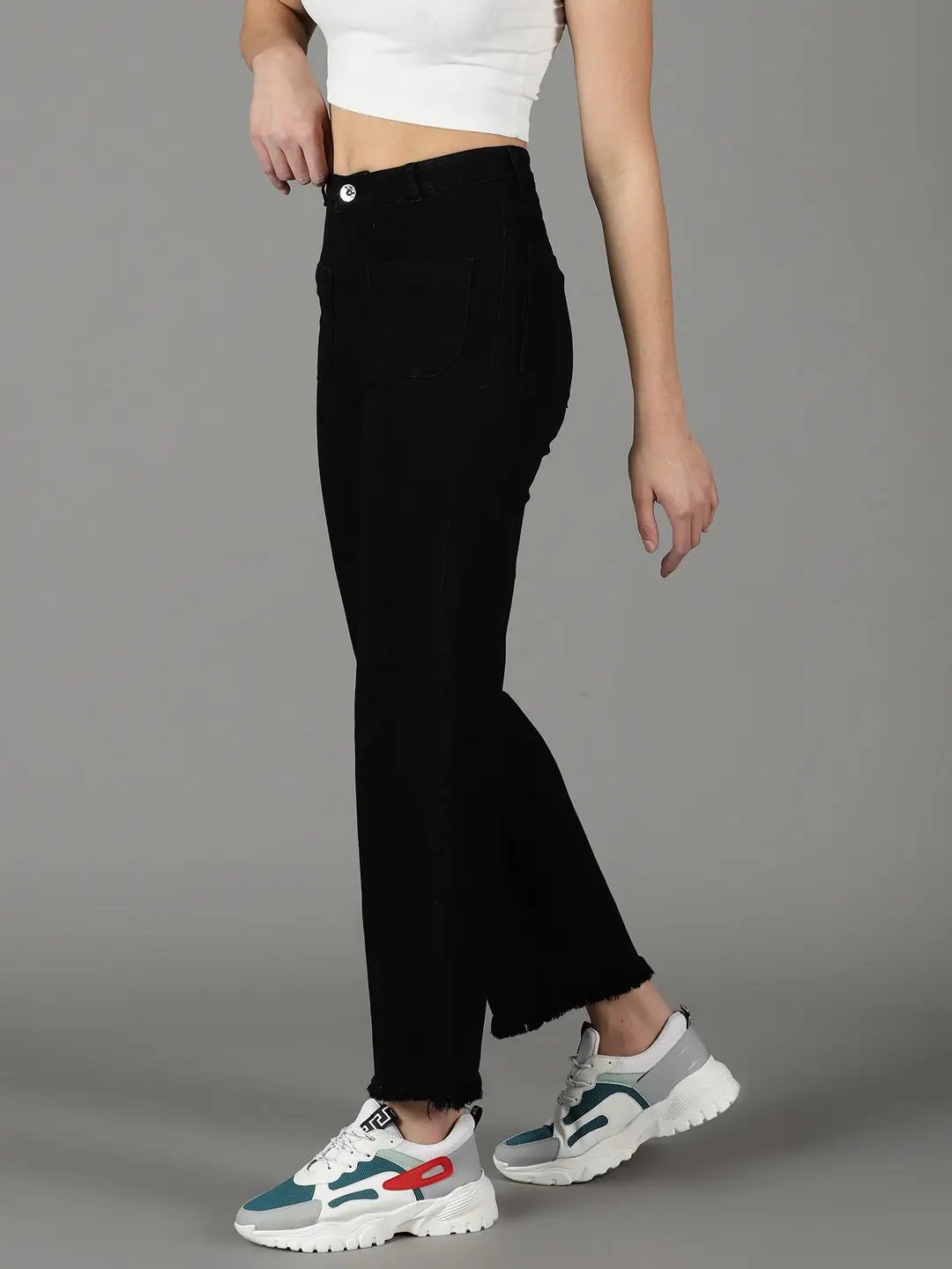 Women's Black Solid Wide Leg Denim Jeans
