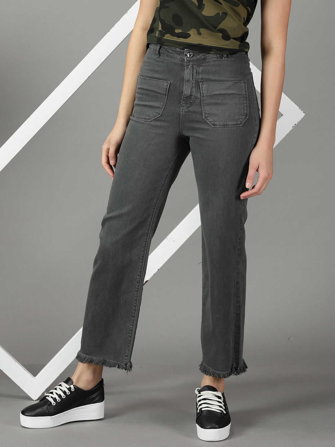 Women's Grey Solid Wide Leg Denim Jeans